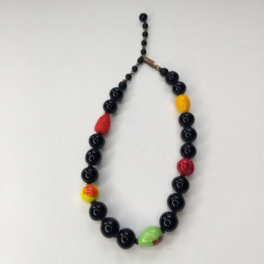 Black Yellow Red Glass Bead Necklace Art to Wear Statement Adjustable length
